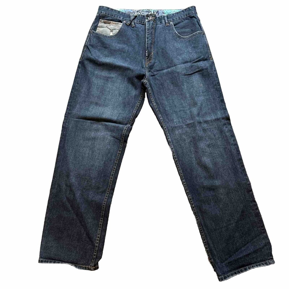 Mens Y2K Embroidered LRG Jeans Dark Wash Blue 40 Waist 40x34 Deep Pockets